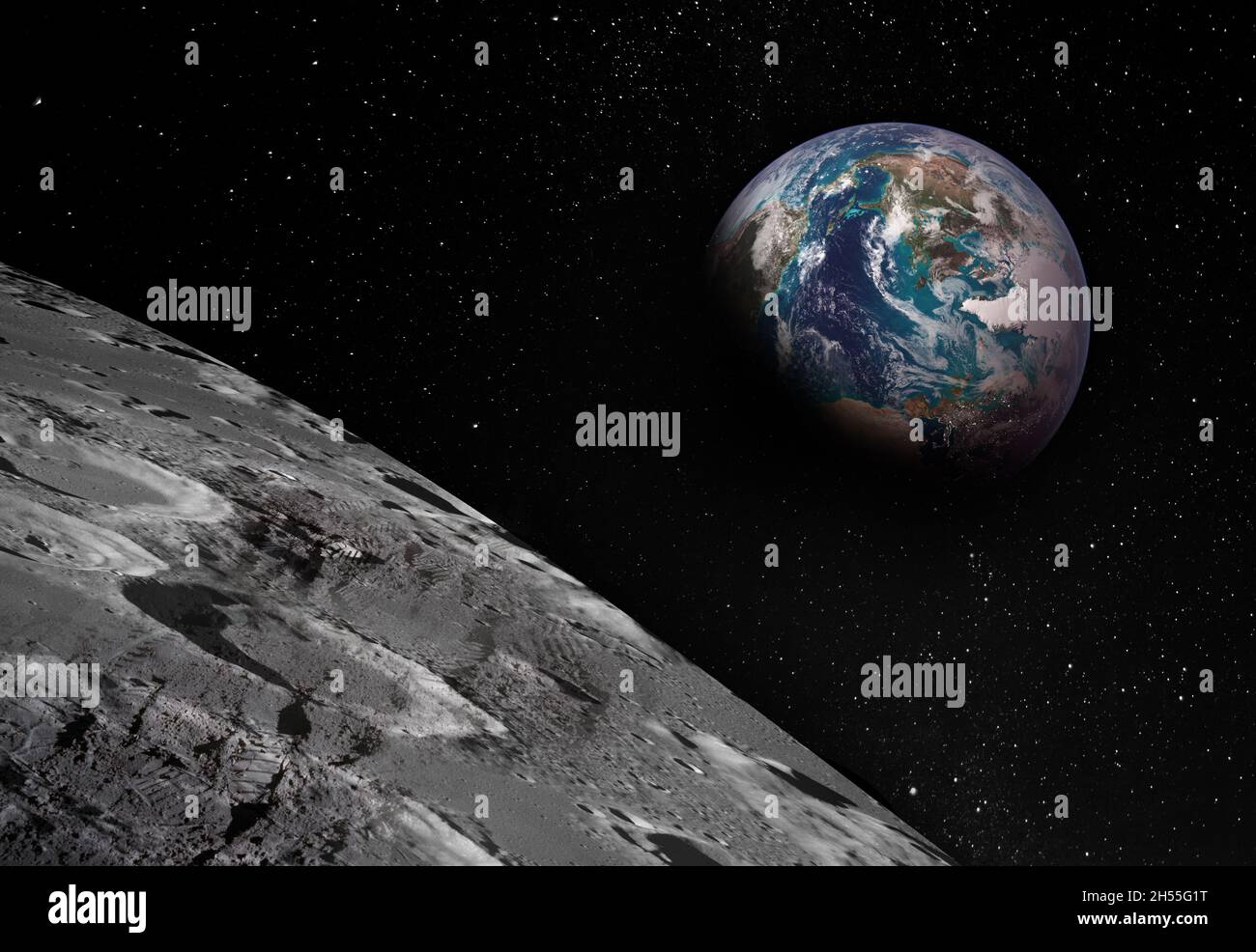 Vue du membre de la Lune avec la Terre qui s'élève à l'horizon.Empreintes de pas comme preuve de personnes étant là ou grande falsification.Collage.Éléments de cette image Banque D'Images
