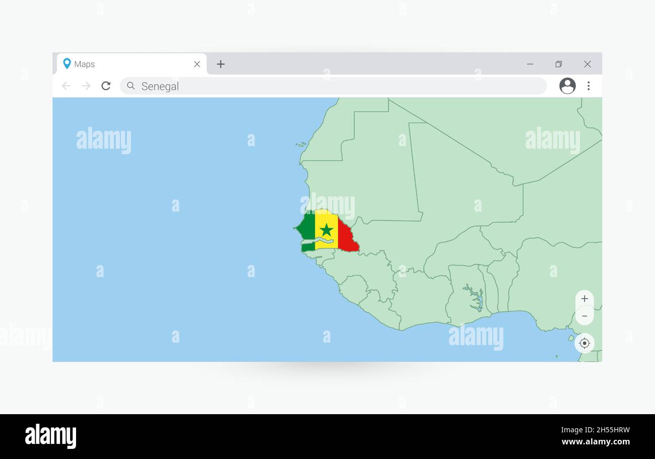 Fenêtre navigateur avec carte du Sénégal, recherche Sénégal sur Internet.Modèle de fenêtre de navigateur moderne. Illustration de Vecteur