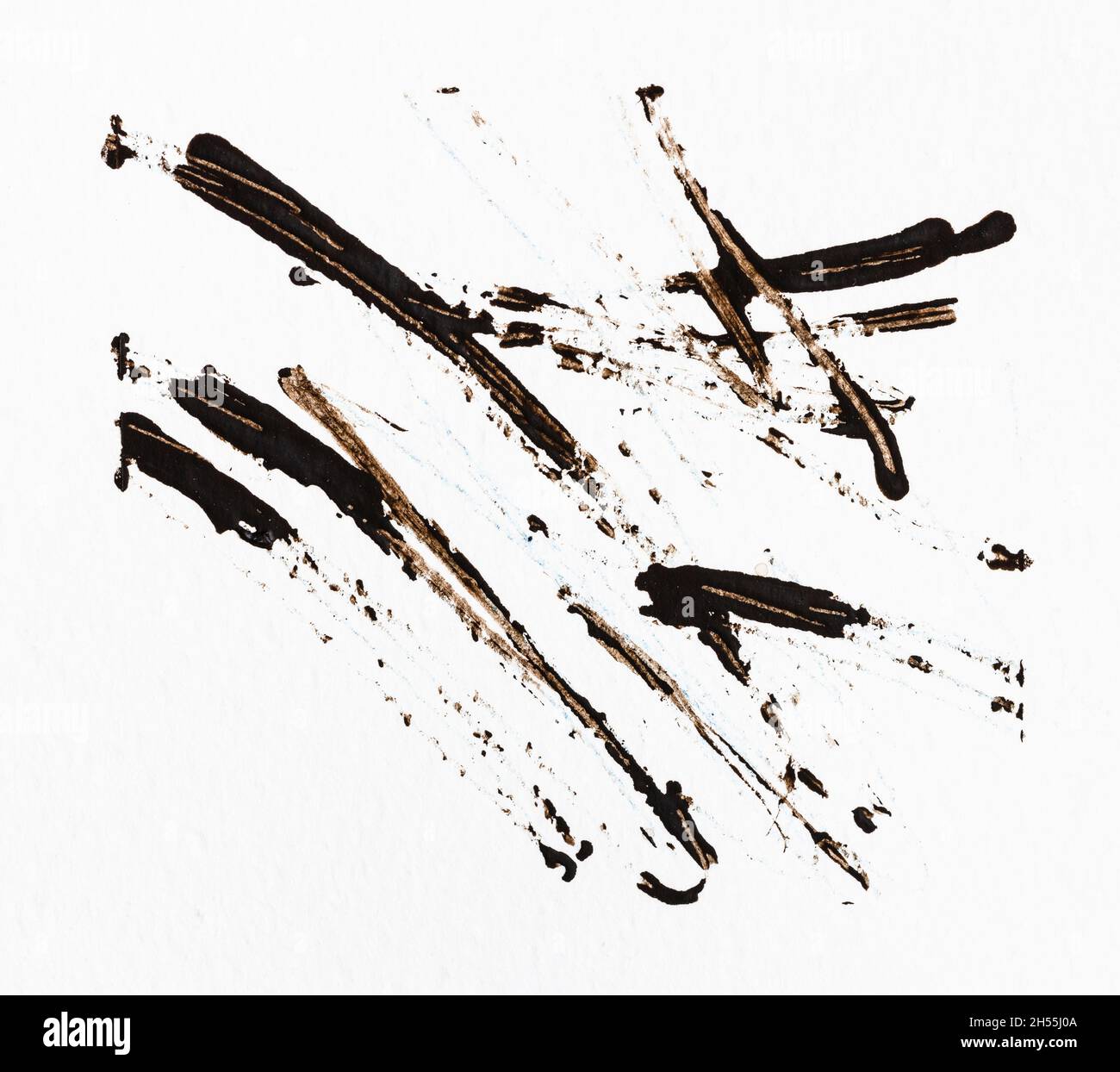 exemple de technique de peinture aquarelle dessinée à la main en couleur sépia sur papier blanc texturé gros plan - touches de peinture aquarelle avec bâton de bois Banque D'Images