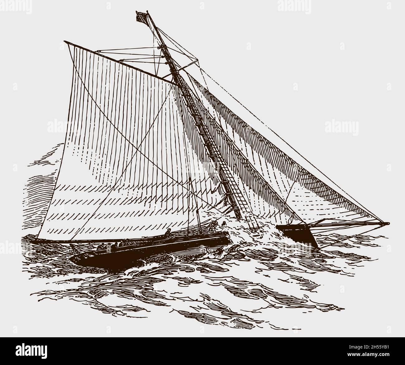 Cutter yacht heling dans le vent fort sur la mer ondulée, après le dessin antique du XIXe siècle Illustration de Vecteur