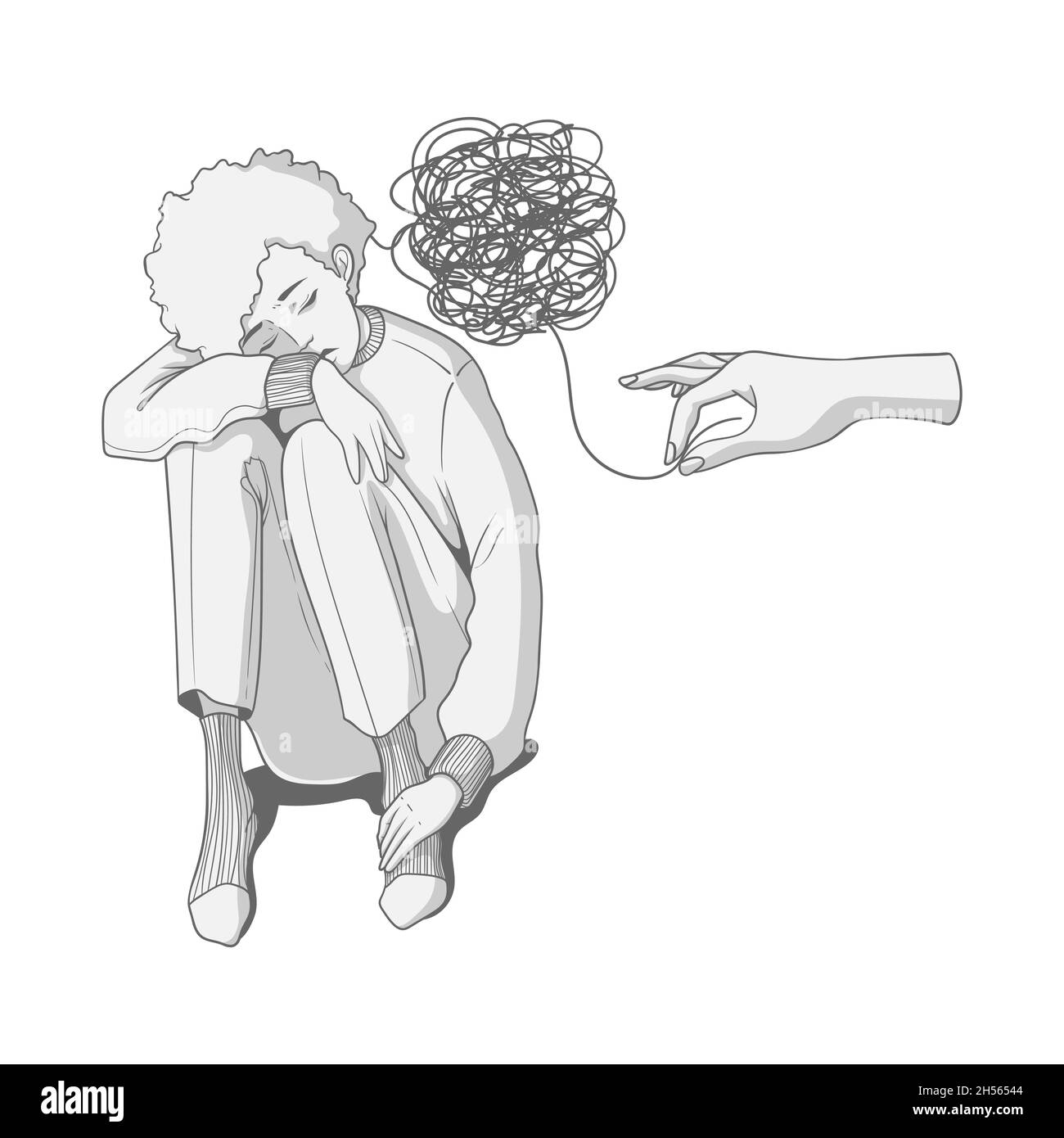 La main humaine aide la femme avec des problèmes mentaux.Aide psychologique pour les troubles mentaux concept.Illustration vectorielle dessinée à la main de l'émotion et du psycholo Illustration de Vecteur