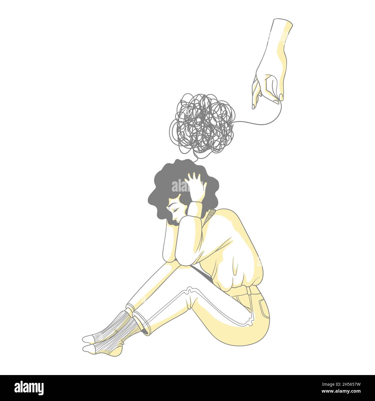 La main humaine aide la femme avec des problèmes mentaux.Aide psychologique pour les troubles mentaux concept.Illustration vectorielle dessinée à la main de l'émotion et du psycholo Illustration de Vecteur
