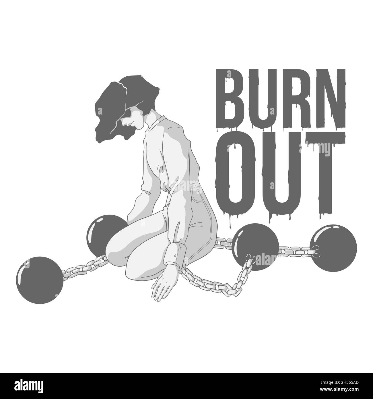 La femme est assise dans des manilles avec un poids.Surmenage de travail.Épuisé malade fille fatiguée avec des chaînes.Concept de troubles mentaux.Vecteur Ill dessiné à la main Illustration de Vecteur