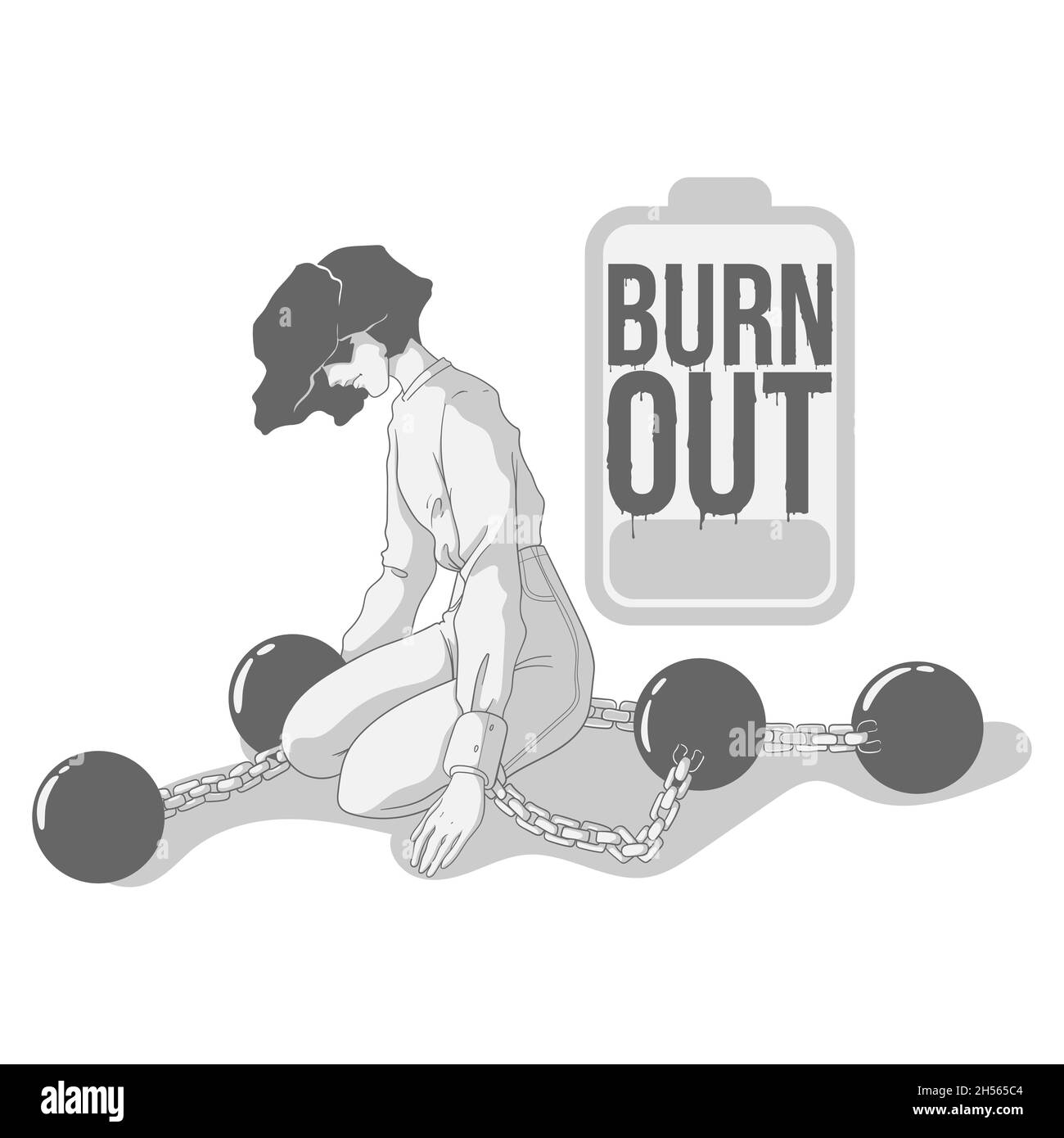 La femme est assise dans des manilles avec un poids.Surmenage de travail.Épuisé malade fille fatiguée avec des chaînes.Concept de troubles mentaux.Vecteur Ill dessiné à la main Illustration de Vecteur