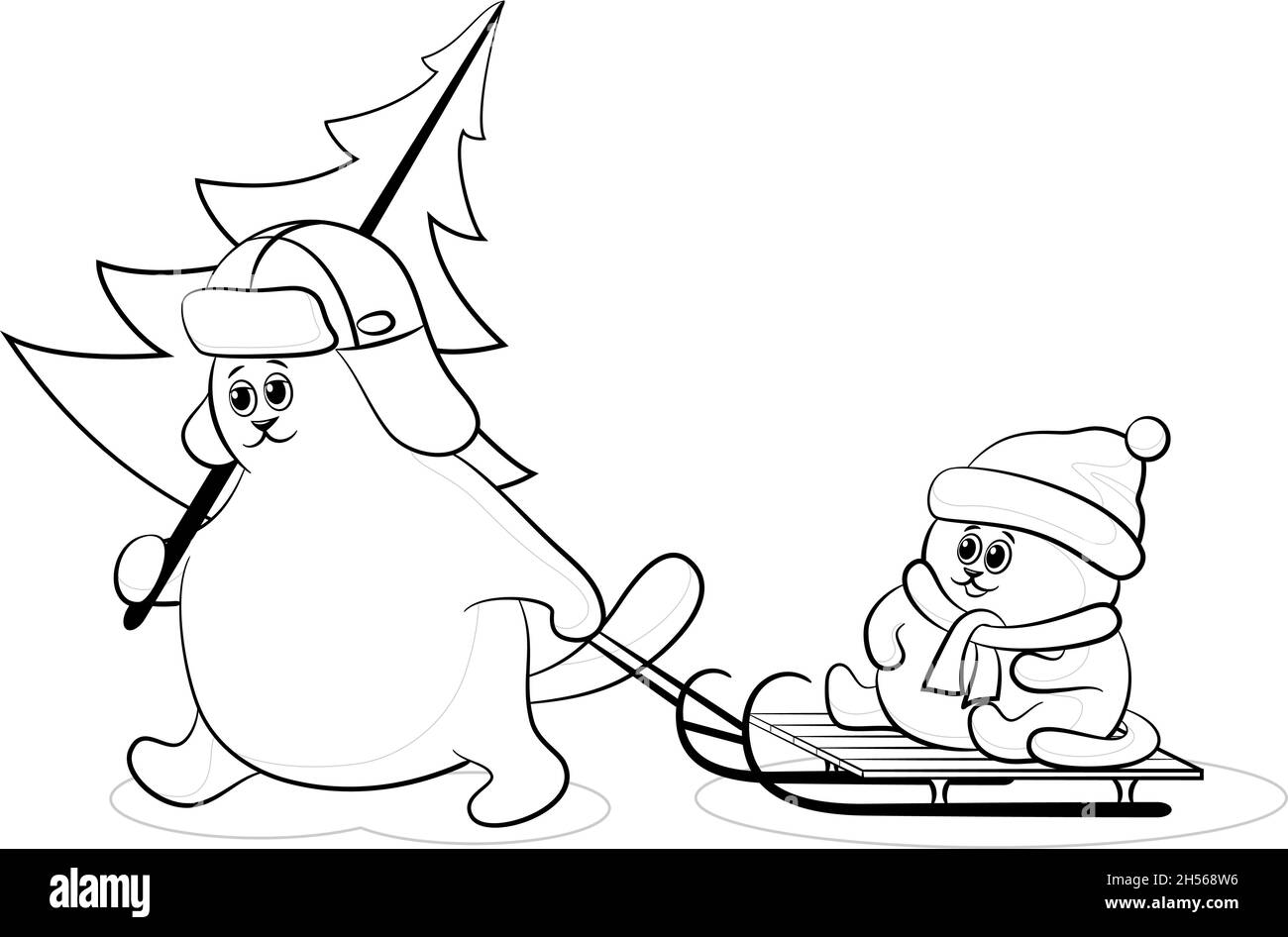 Dessin animé Père chat avec un arbre de Noël et enfant sur un traîneau, contours noirs isolés sur fond blanc.Vecteur Illustration de Vecteur