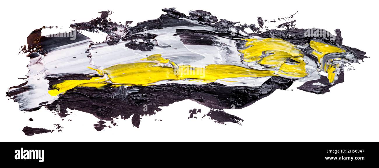 Les rayures noires jaunes et blanches de la brosse à huile sont le trait.Forme abstraite de la trace de projection de vernis.Peinture à l'huile brillante sur fond blanc.Illustration du vecteur EPS10 Illustration de Vecteur