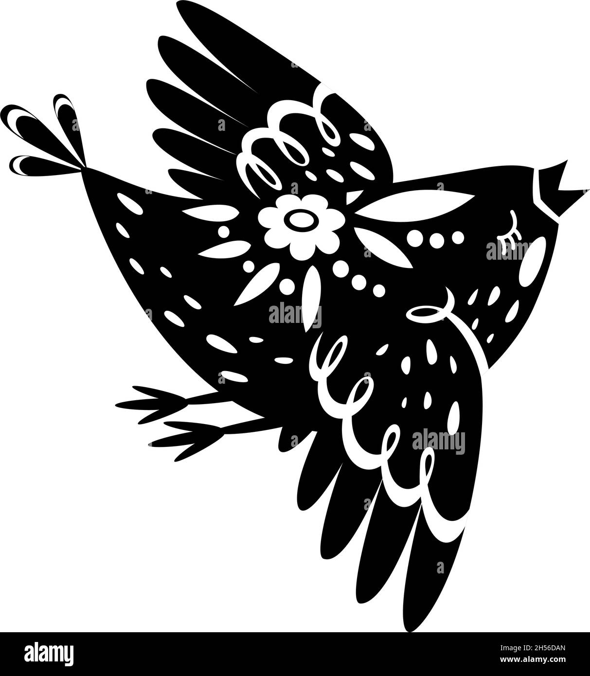 Oiseau volant de queue de fées, dessin animé animal.Dessin d'esquisse noir d'oiseau vectoriel, dessin d'art fée nature, illustration de tatouage volant Illustration de Vecteur