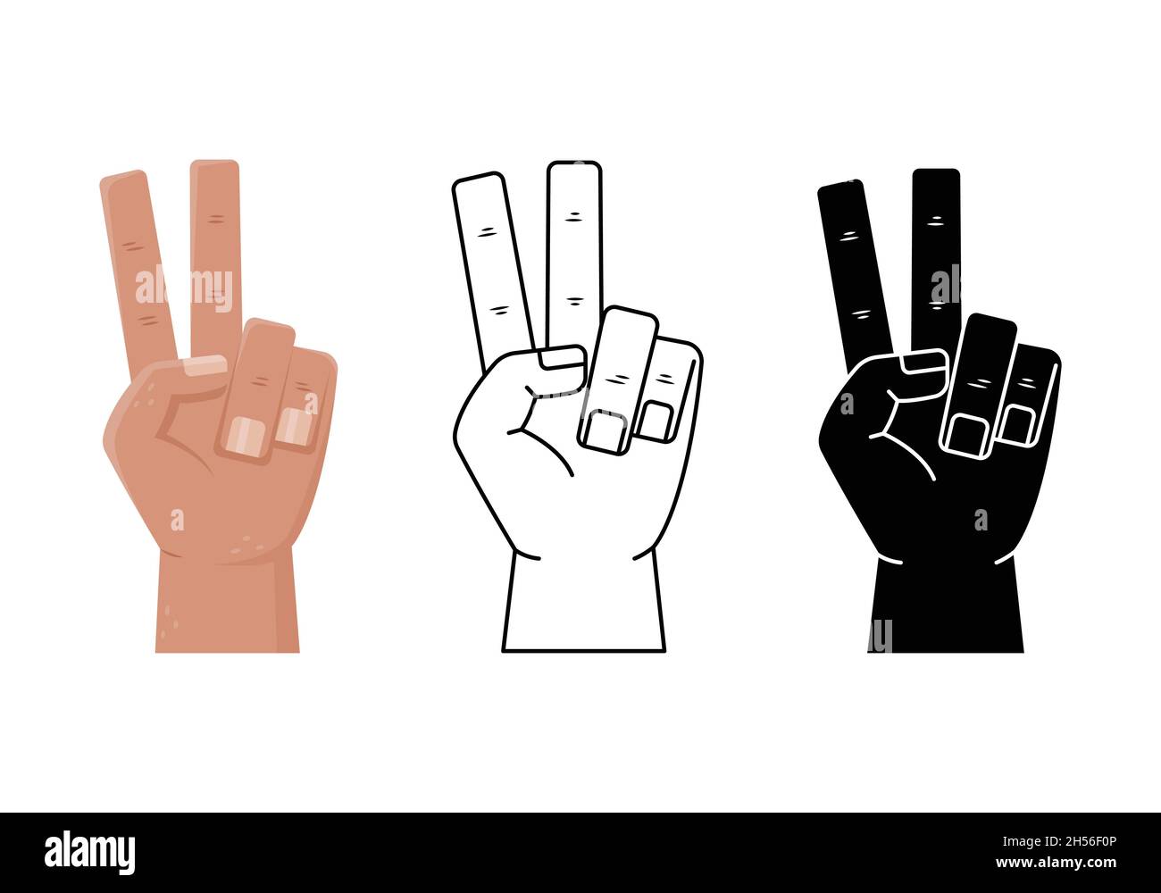 Ensemble vectoriel avec illustrations des gestes de la main - victoire.Style simple, contour et main de homme plate Illustration de Vecteur