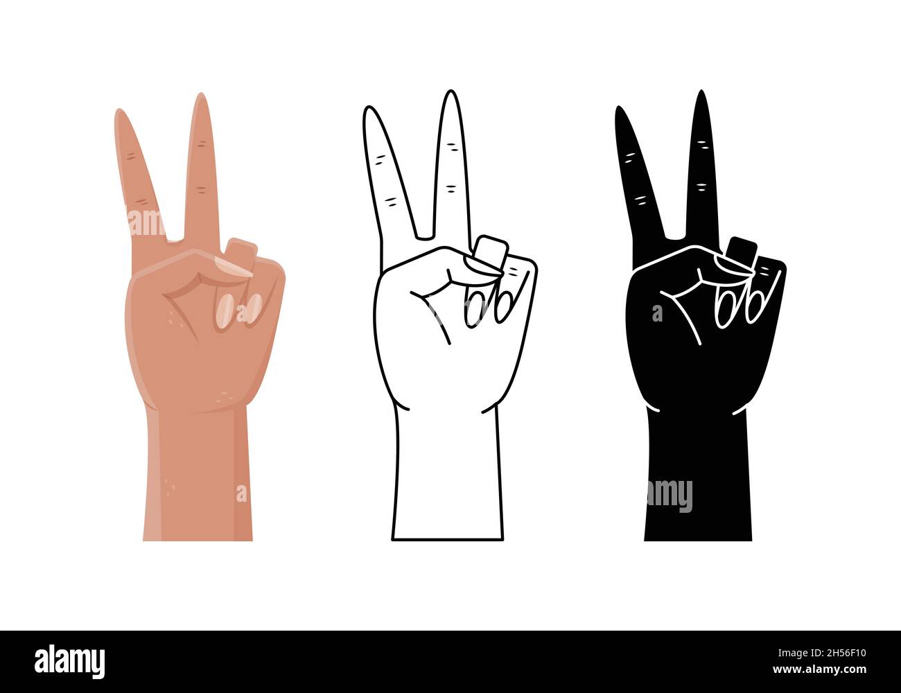 Ensemble vectoriel avec illustrations des gestes de la main - victoire.Style simple, contour et plat style femme main Illustration de Vecteur