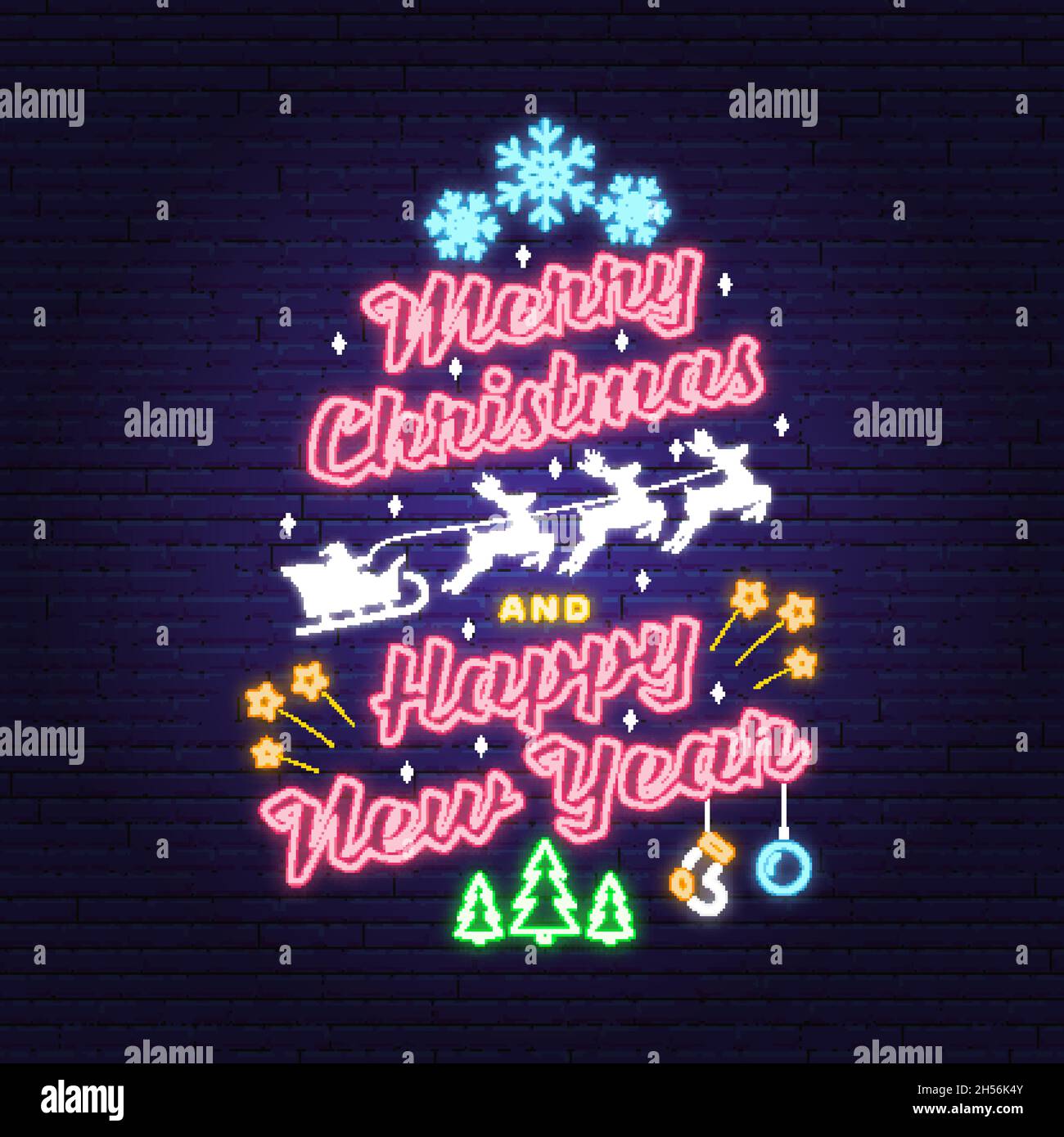 Joyeux Noël et 2022 signe de néon du nouvel an heureux avec des anges, le père noël en traîneau avec des cerfs et des cadeaux de noël.Vecteur.Motif typographique vintage Illustration de Vecteur Joyeux Noël et 2022 signe de néon du nouvel an heureux avec des anges, le père noël en traîneau avec des cerfs et des cadeaux de noël.Vecteur.Motif typographique vintage Illustration de Vecteur