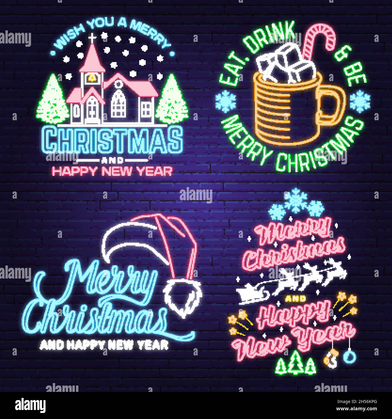 Ensemble de Merry Christmas et Happy New Year Neon signe avec une tasse de chocolat chaud, église catholique, arbre de noël, traîneau avec cerf.Vecteur.Vintage Illustration de Vecteur Ensemble de Merry Christmas et Happy New Year Neon signe avec une tasse de chocolat chaud, église catholique, arbre de noël, traîneau avec cerf.Vecteur.Vintage Illustration de Vecteur