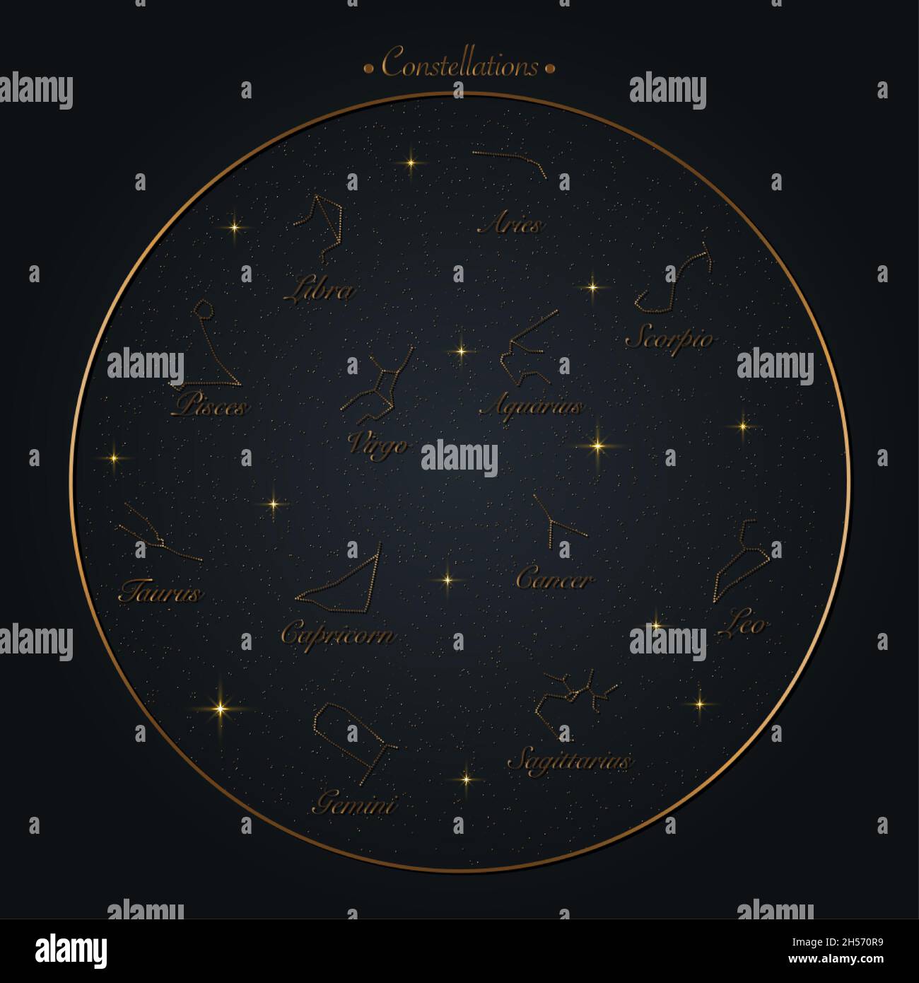 Roue de zodiaque de constellations ensemble de signes, illustration vectorielle.Symboles astrologiques avec effet dégradé doré. Étoiles sur fond de carte de ciel de nuit.Spa Illustration de Vecteur