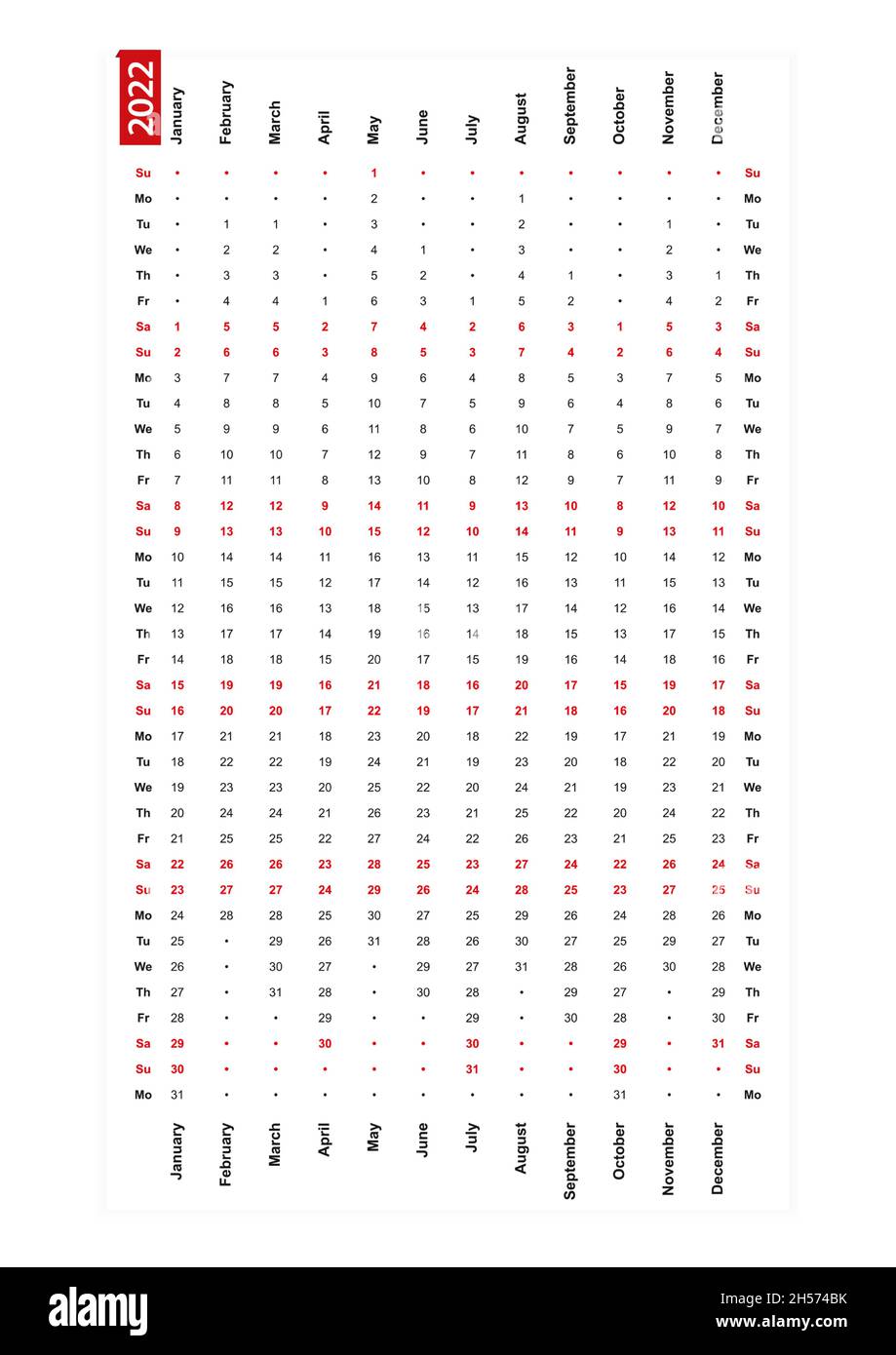 Calendrier vertical à une rangée 2022, dimanche premier jour de la semaine.Calendrier vectoriel. Illustration de Vecteur