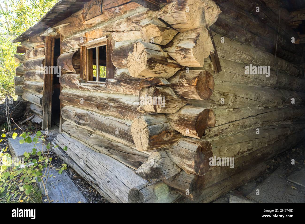 Une cabane en rondins abandonnée par une petite ancienne mine d'or familiale dans les monts Tushar près de Marysvale, Utah. Banque D'Images
