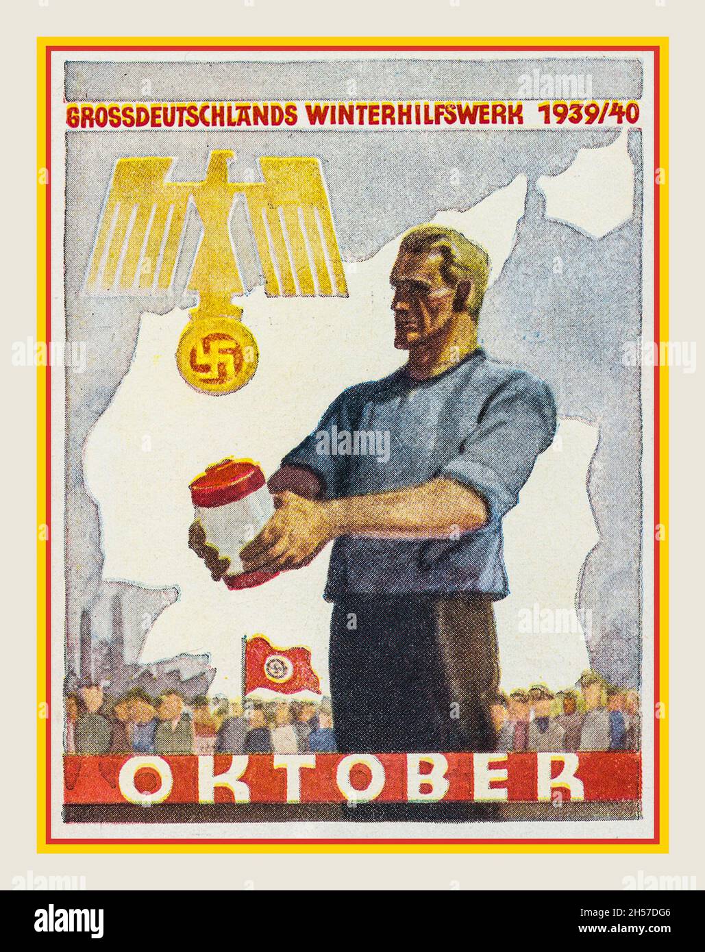 1939/1940, affiche de carte de propagande nazie pour Grossdeutschlands Winterhilfswerk, fonds de dons de charité de l'Allemagne nazie à des Allemands moins chanceux.WINTERHILFSWERK années 1930 le 13 septembre 1933 Adolf Hitler a ouvert la 'première action d'aide d'hiver contre la faim et le froid'.Dans son discours, il a comparé la « solidarité marxiste internationale » toujours combattue avec la « solidarité nationale vivante du peuple allemand », qui était « éternellement justifiée dans le sang » ici une collection de vêtements et de dons alimentaires pour le bien-être social national socialiste des années 1930 » swastika drapeau en arrière-plan de l'Allemagne nazie Banque D'Images