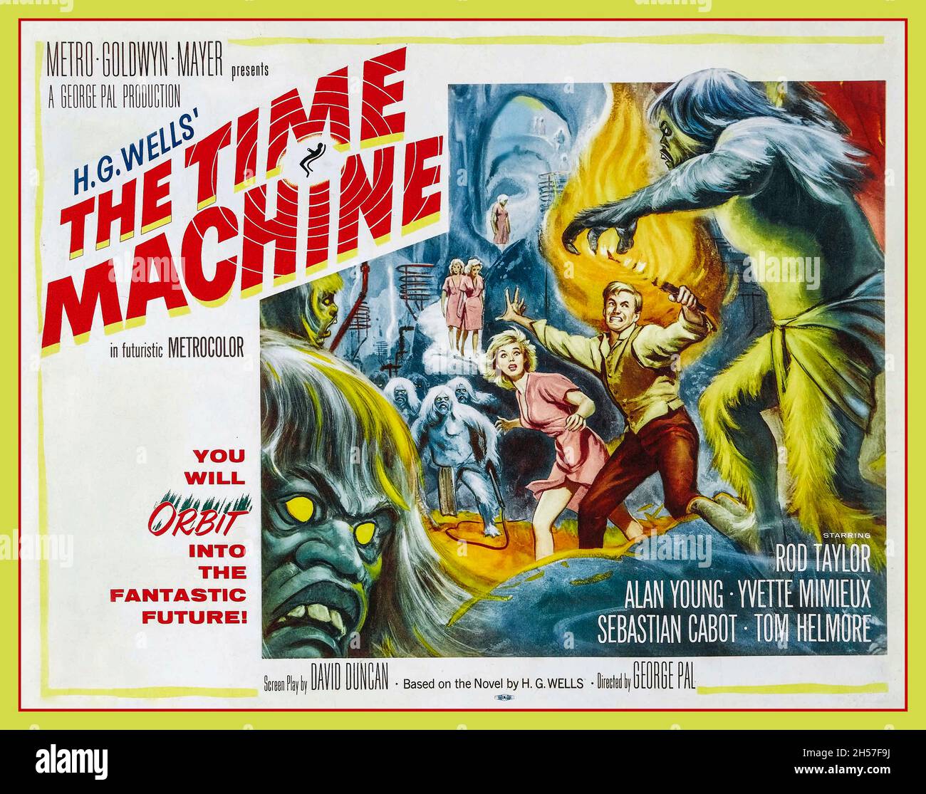 Affiche de film vintage 1960 'The Time machine' avec Rod Taylor, Alan Young, Yvette Mimieux, Sebastian Cabot, Tom Helmore.MGM George Pal production basée sur un roman de H G Wells Banque D'Images