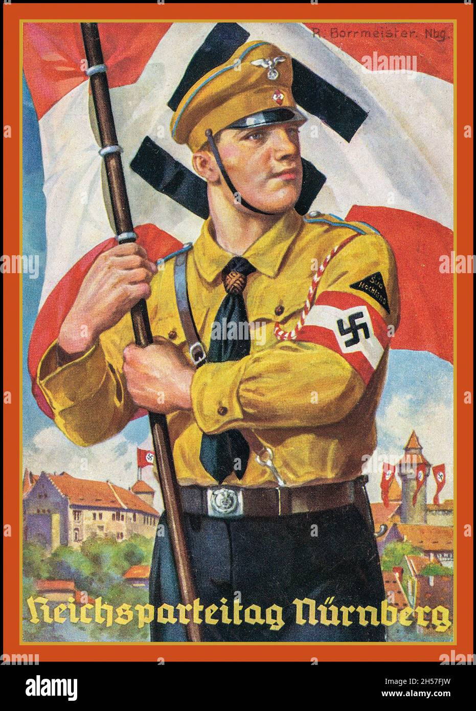 Vintage Nazis Propaganda Poster Card 'Reichsparteitag Nürnberg' NUREMBERG 1937 NSDAP Propaganda by Richard BORRMEISTER Verlag photo Hoffmann München .Hitlerjunge Hitlerjugend Fahne Hitler Jeunesse Nazis Rally Nuremberg Château des années 1930 Allemagne nazie Banque D'Images