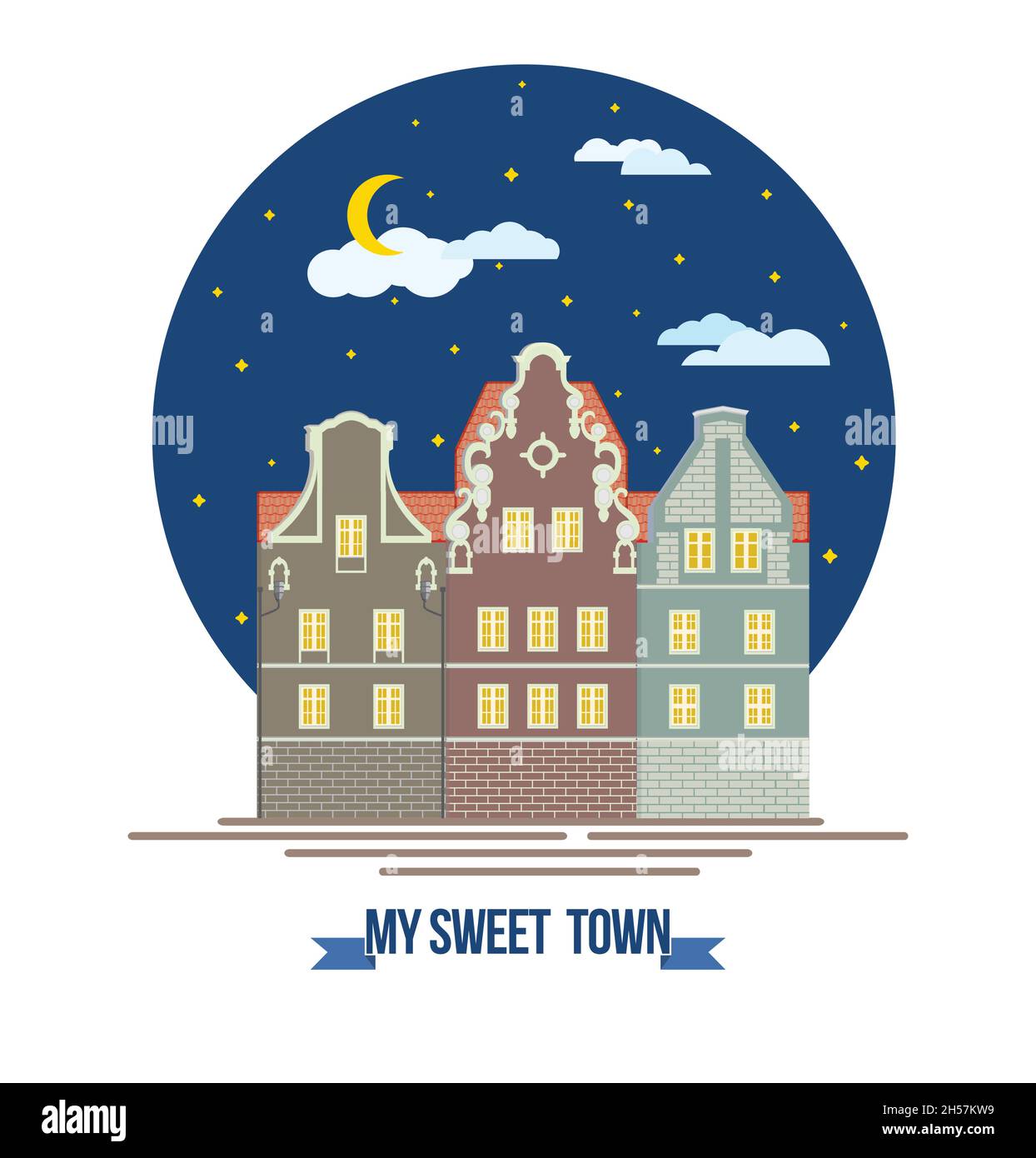 Vieille ville européenne classique maisons paysage bâtiments et façades nuit ville agréable rue style plat Illustration de Vecteur