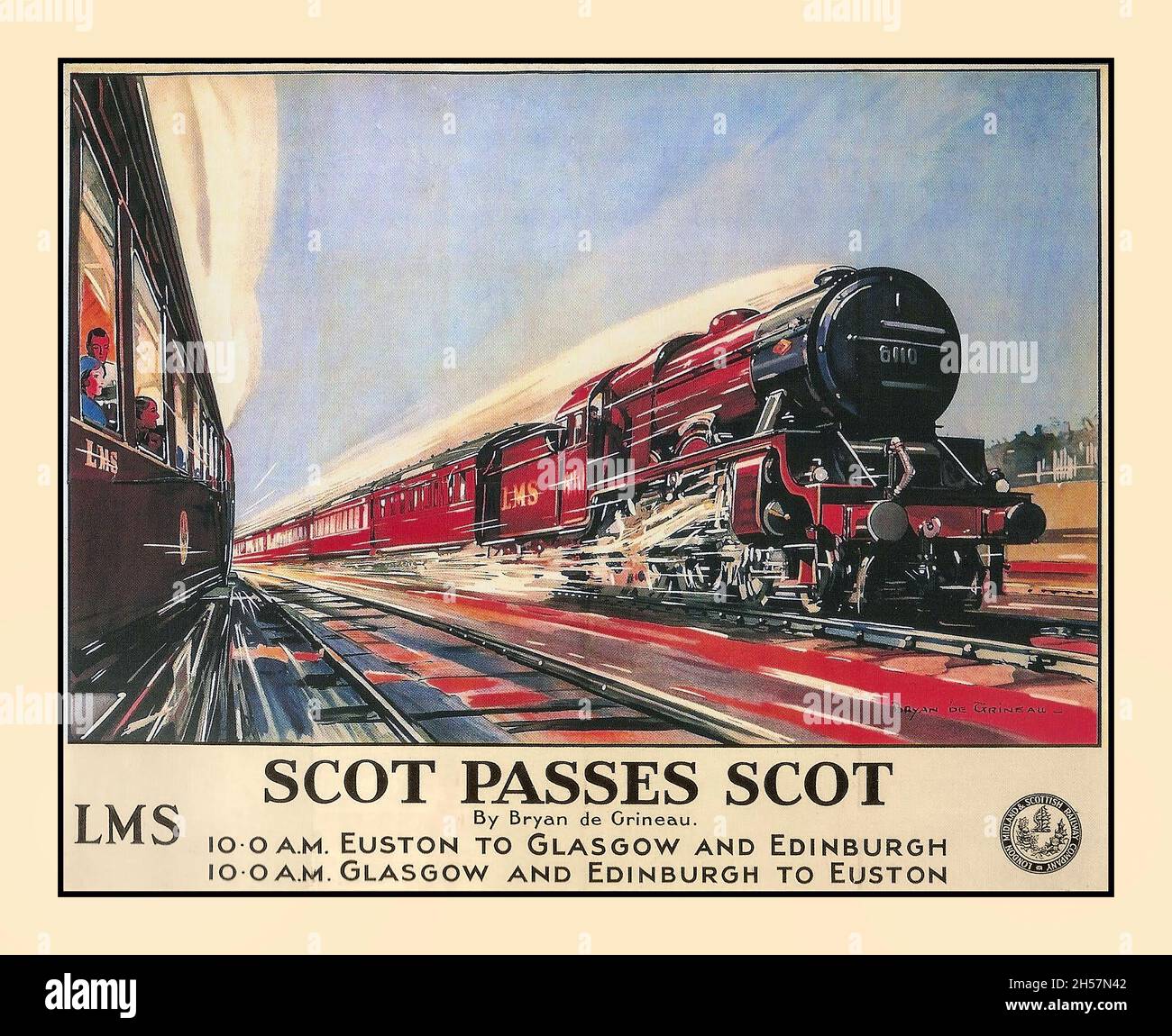 Vintage ‘SCOT PASSES SCOT’ 1937 Steam Railway Poster par Bryan de Grineau qui a créé l'œuvre d'art pour cette affiche ancienne de 1937 Steam Railway.Il est équipé de deux locomotives à vapeur LMS rouges qui se passent les unes après les autres à grande vitesse, produites pour le London Midland & Scottish Railway (LMS) afin de promouvoir les services entre les gares d'Edimbourg, Glasgow et London Euston. Banque D'Images