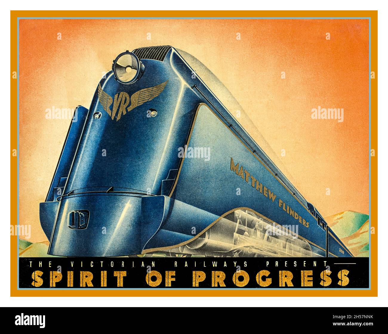 Vintage 1930 Rail Poster rationalisé Australian Steam Locomotive The Victorian Railways Spirit of Progress.Victoria Australie 1936 trains Victoria.Lococomotive VR 'MATTHEW FLINDERS' (archive de la Victoria State Library ) Banque D'Images