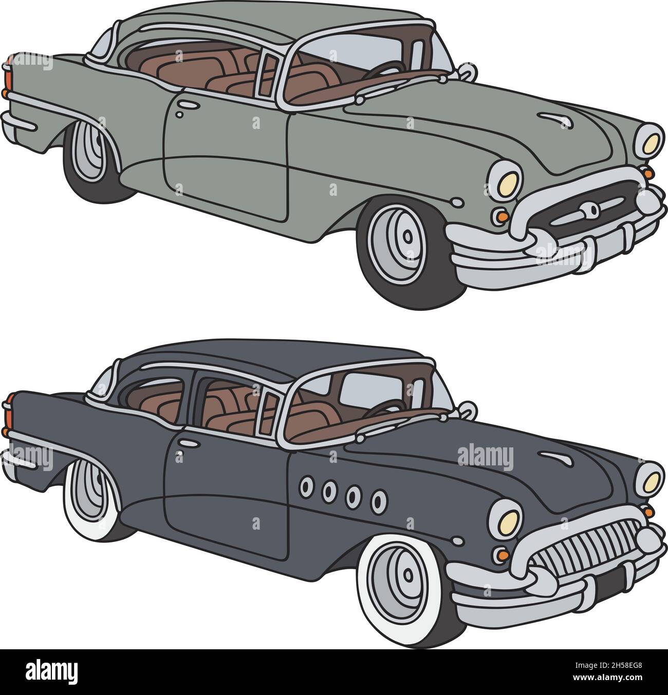 Le dessin à la main vectorisé de deux grandes voitures américaines classiques Illustration de Vecteur