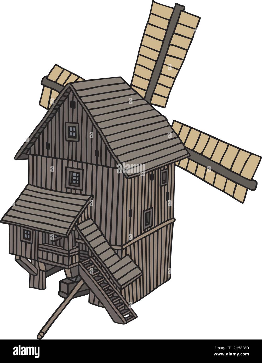 Le dessin à la main vectorisé d'un ancien moulin à vent en bois Illustration de Vecteur