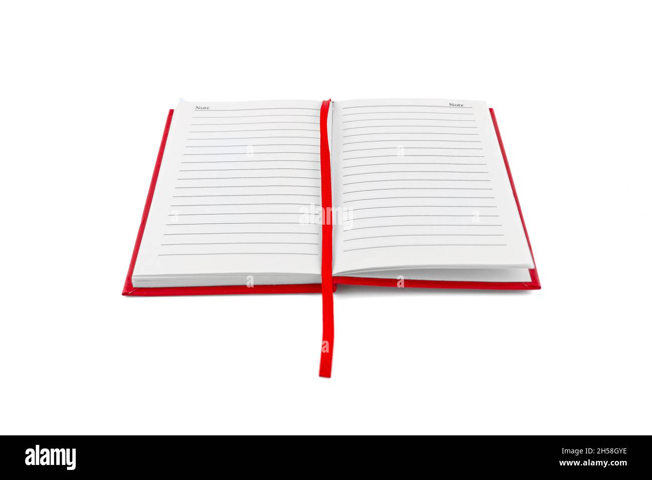 Bloc-notes rouge ouvert avec lignes noires avec ruban, isolé sur fond blanc. Banque D'Images