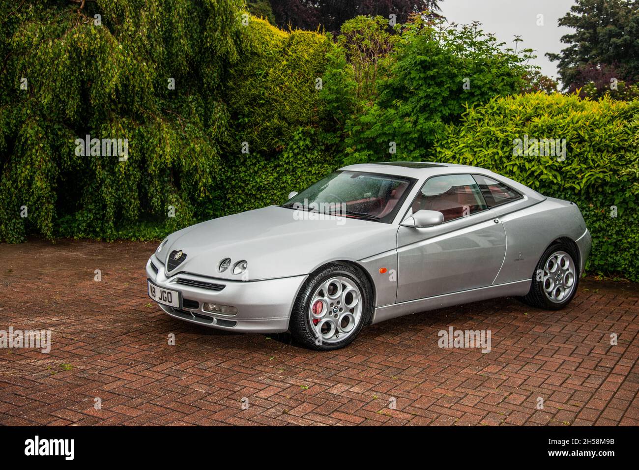 ALFA ROMEO GTV V6 24V Lusso stationné sur une route pavée avec des buissons derrière Banque D'Images