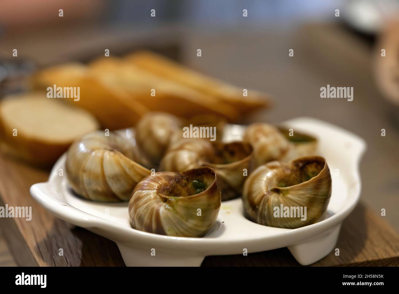 Helix aspersa Muller dans un restaurant.Escargots comestibles avec beurre et assaisonnements. Banque D'Images