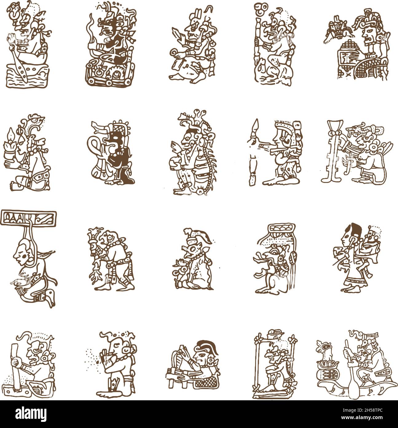 Jeu d'illustrations de symboles de masque des dieux mayas anciens Illustration de Vecteur