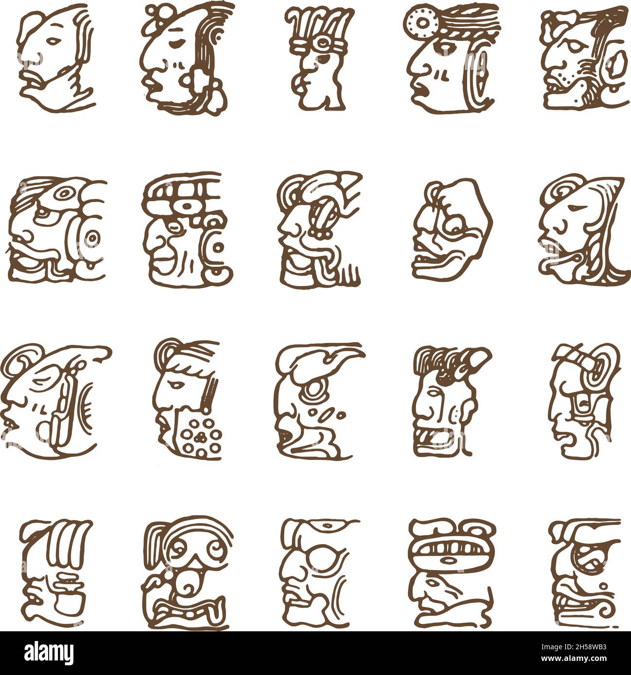 Jeu d'illustrations de symboles de masque des dieux mayas anciens Illustration de Vecteur