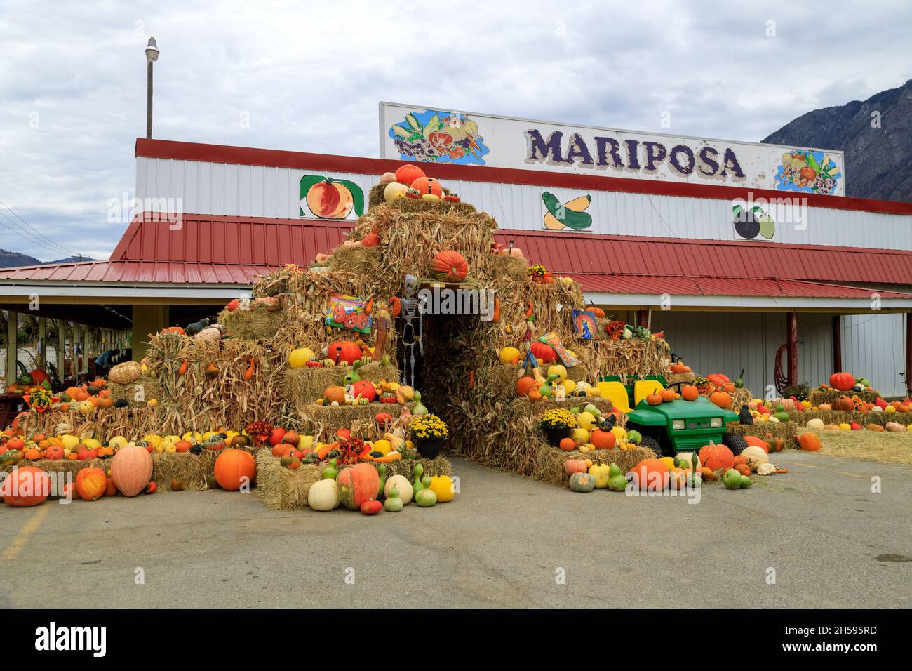 Keremeos (Colombie-Britannique), Canada - 1er octobre 2021 : kiosque à fruits Mariposa et marché agricole et arrangement de courges d'hiver célébrant le Banque D'Images