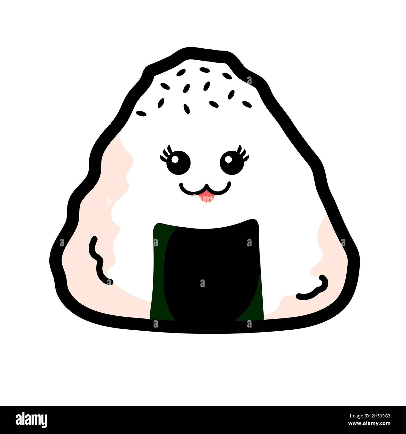 Onigiri isolé ou Triangle de riz japonais sur fond blanc, mignon Onigri dessin animé avec visage, graines de sésame noir et algues. Banque D'Images