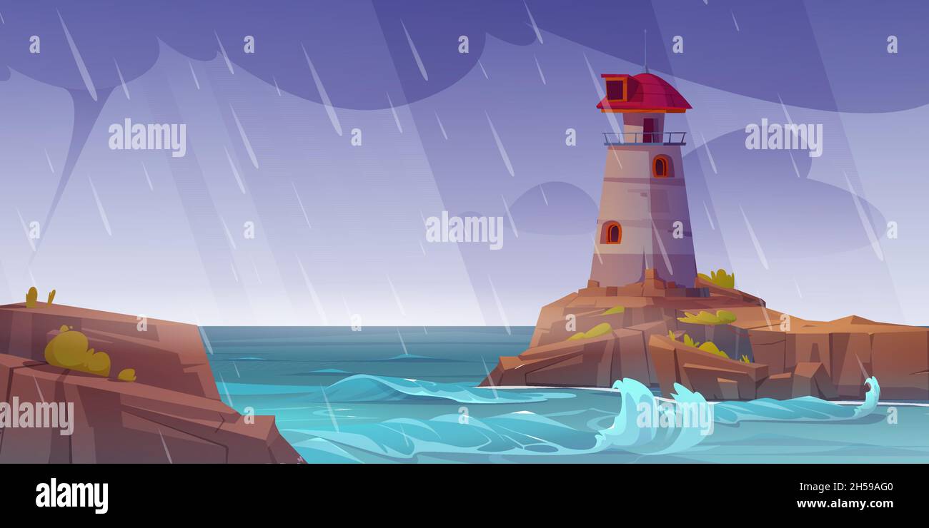 Phare sur l'île de roche en mer en pleine tempête.Illustration vectorielle du paysage de la rive de l'océan avec construction de balises sur la falaise, la pluie et les vagues.Paysage marin avec tour de navigation nautique par temps pluvieux Illustration de Vecteur