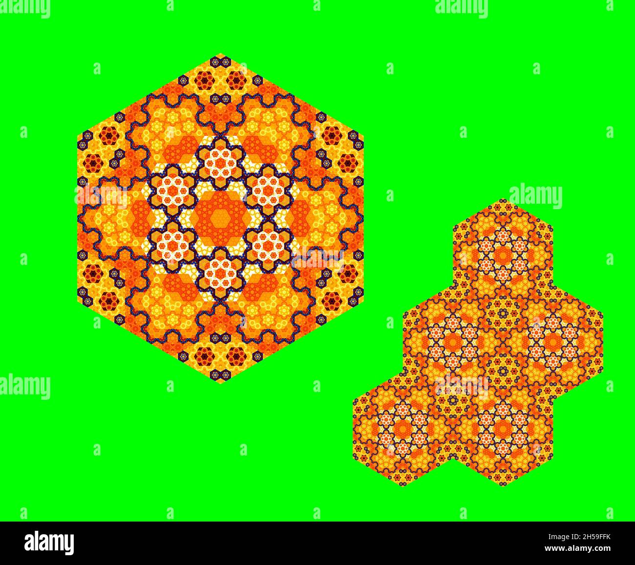 Carreaux hexagonaux mexicains éclatants sans couture isolés sur fond vert, arrière-plan abstrait généré par ordinateur, rendu 3D Banque D'Images