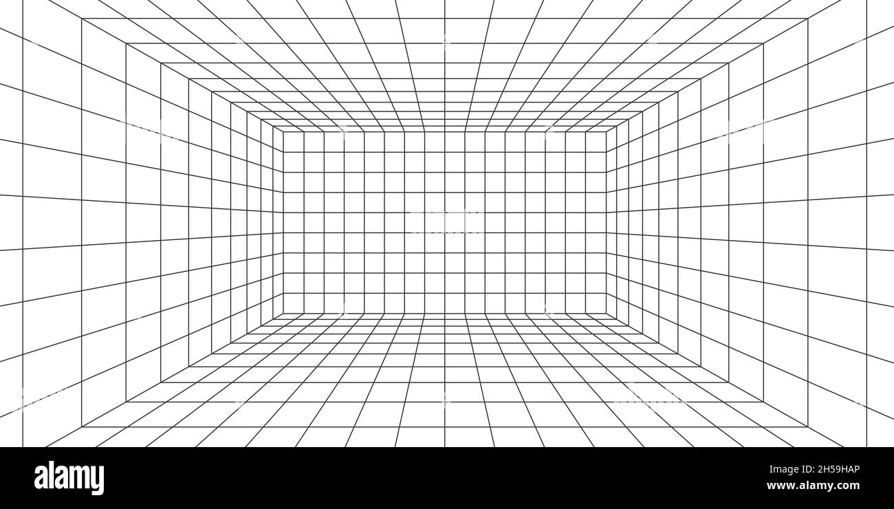 salle de grille filaire 3d.grille laser de perspective 3d.Arrière-plan blanc du cyberespace avec maillage noir.Espace de couloir numérique futuriste en réalité virtuelle Illustration de Vecteur
