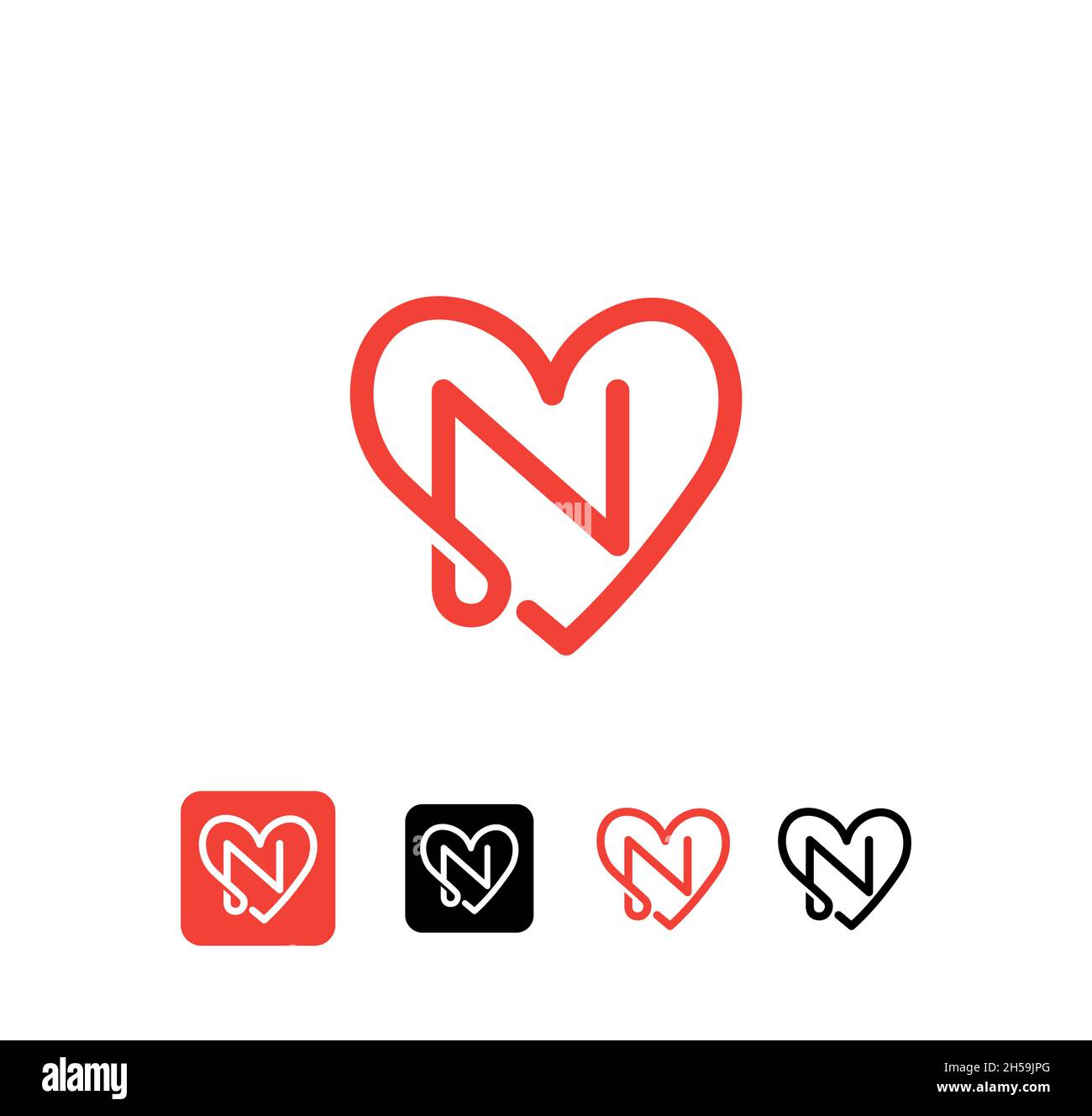 Illustration simple et propre logo initial ligne mono n avec coeur, lettre n coeur logo amour icône Illustration de Vecteur