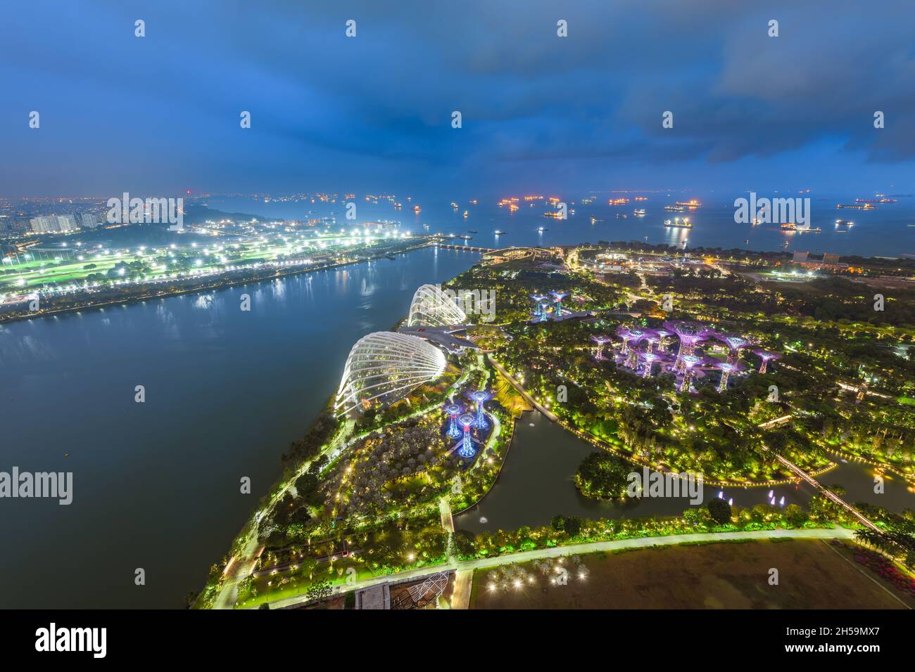 Les jardins de Singapour près de la baie, les jardins botaniques la nuit, la vue aérienne s'illuminent et le barrage de Marina barrage avec des navires-citernes en pleine mer. Banque D'Images