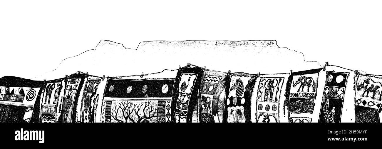 Paysage avec art africain et montagne de table Banque D'Images