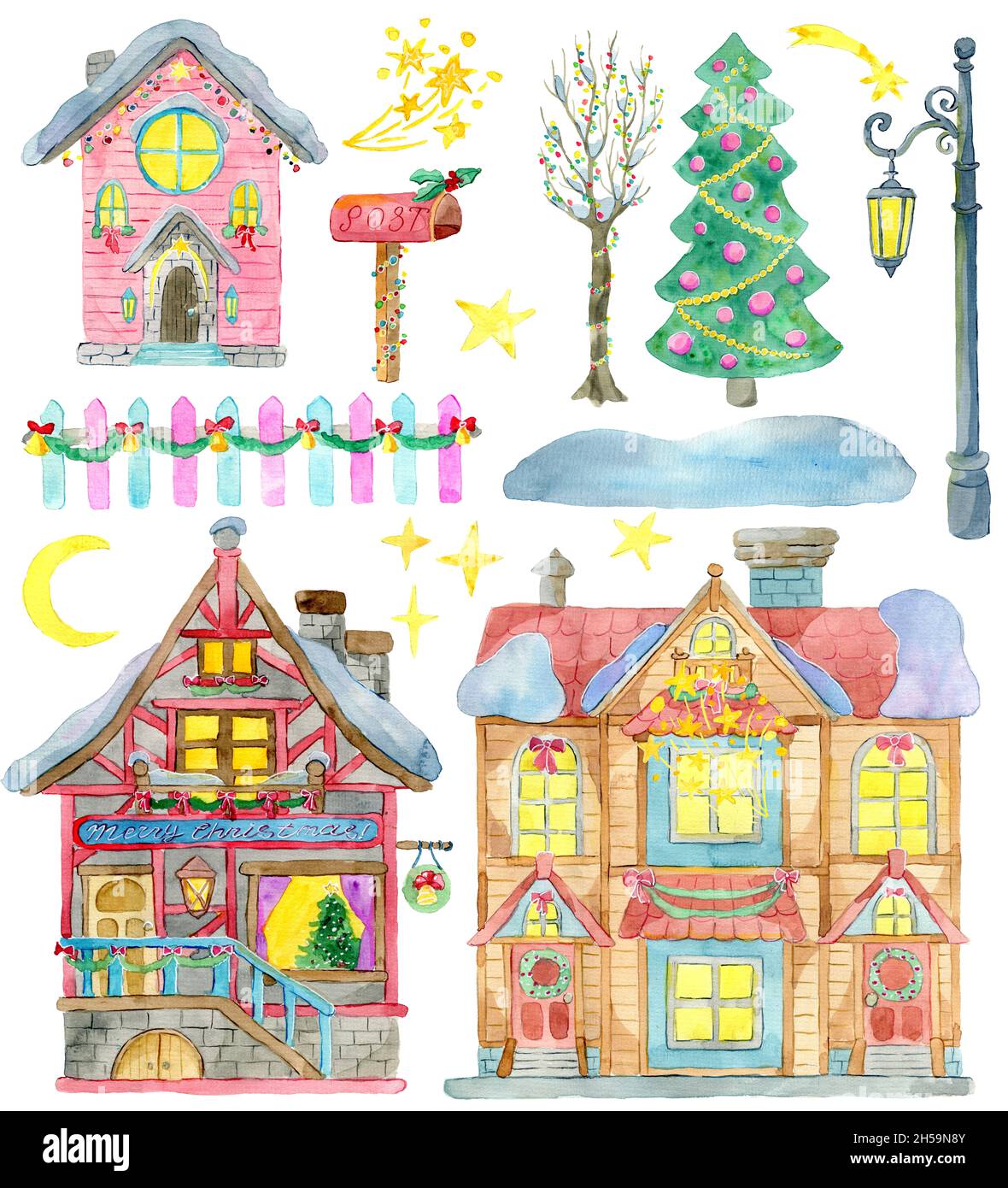 Décor avec de belles maisons de Noël, conifères, lanterne, clôture et boîte postale isolée sur blanc.Illustrations aquarelles.Hiver Noël et ne Banque D'Images