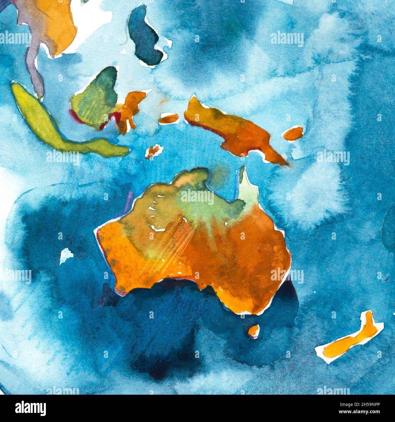 Carte de l'Australie à l'aquarelle dessinée à la main.Illustration aquarelle. Banque D'Images