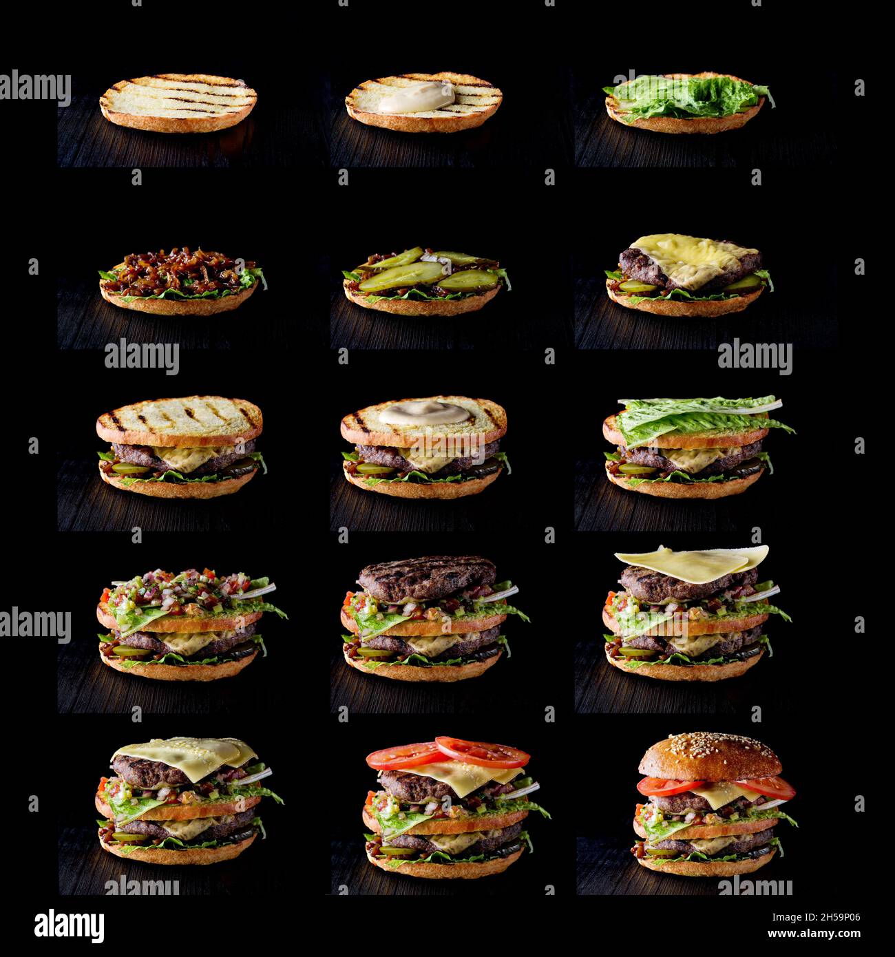 Préparer le hamburger, étape par étape sur le noir. Banque D'Images