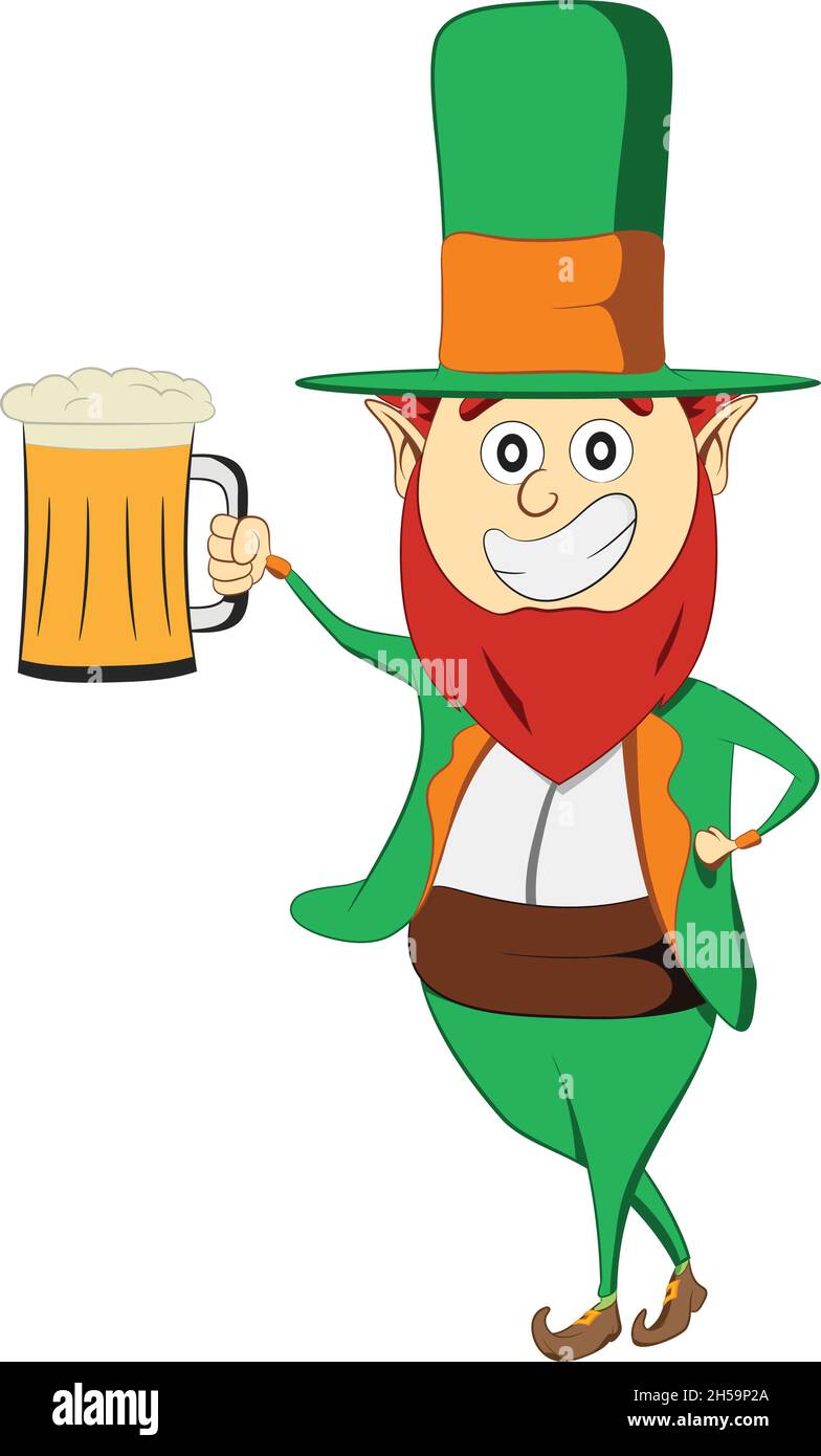 Personnage de la Saint Patrick.Contenant une tasse de bière artisanale fraîche.Suite verte leprechun célébrant le festival irlandais. Illustration de Vecteur