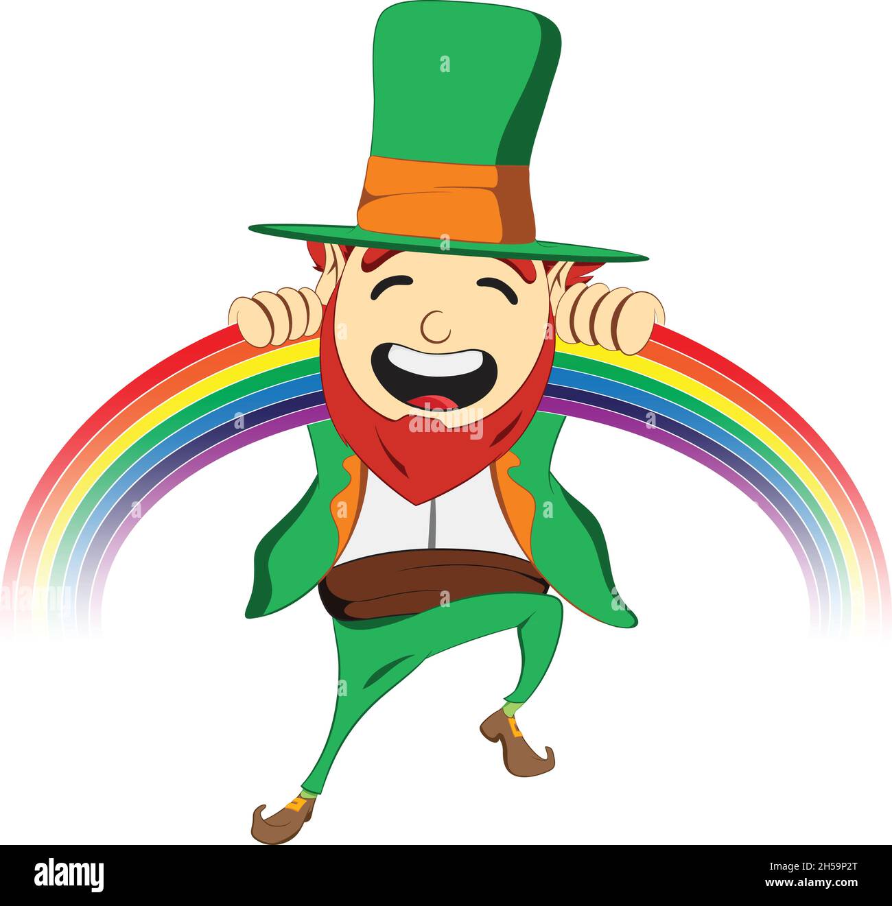 Personnage de la Saint Patrick.Rire et jouer avec Rainbow.Suite verte leprechun célébrant le festival irlandais. Illustration de Vecteur