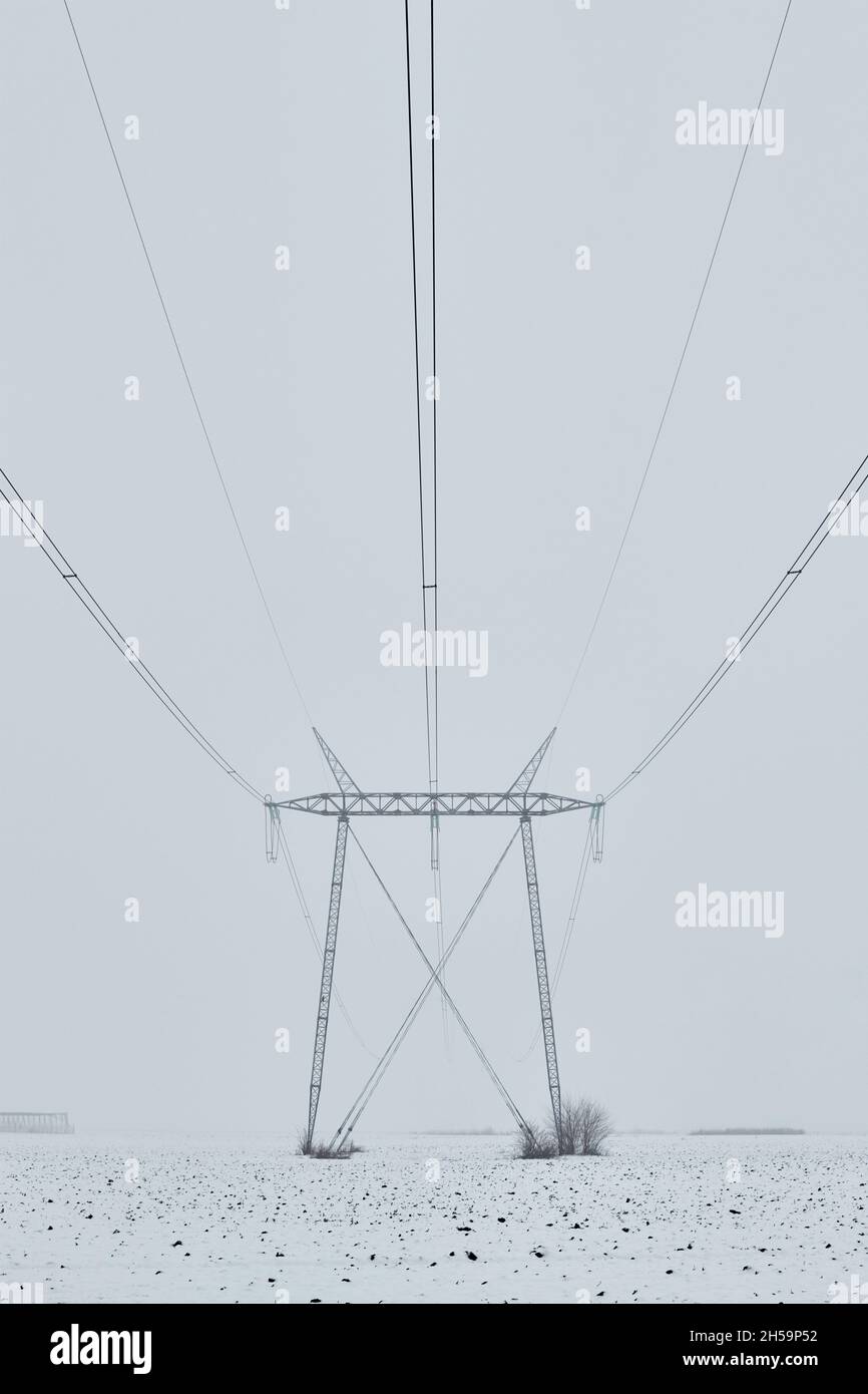 Pylônes d'électricité et lignes électriques dans le froid brouillard matin d'hiver, composition abstraite minimale avec espace de copie, composition symétrique Banque D'Images