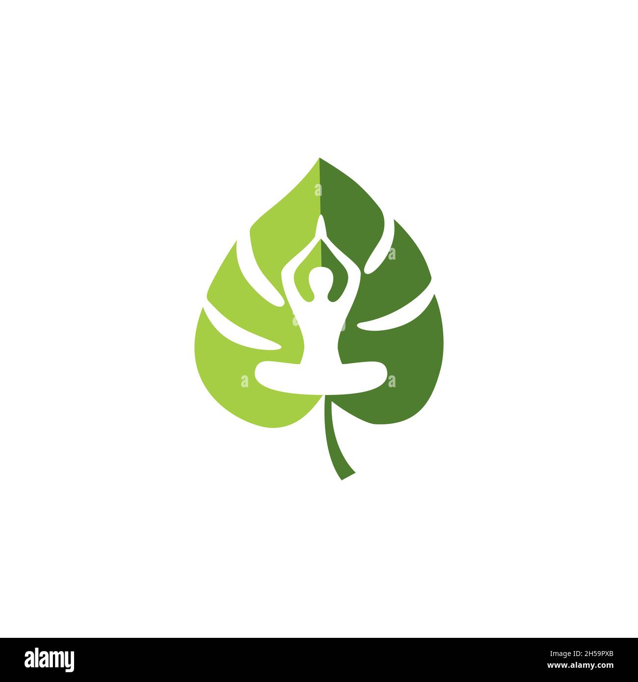 un logo avec un concept de forme physique simple fait d'une combinaison du logo d'une personne faisant du yoga avec des feuilles. Illustration de Vecteur