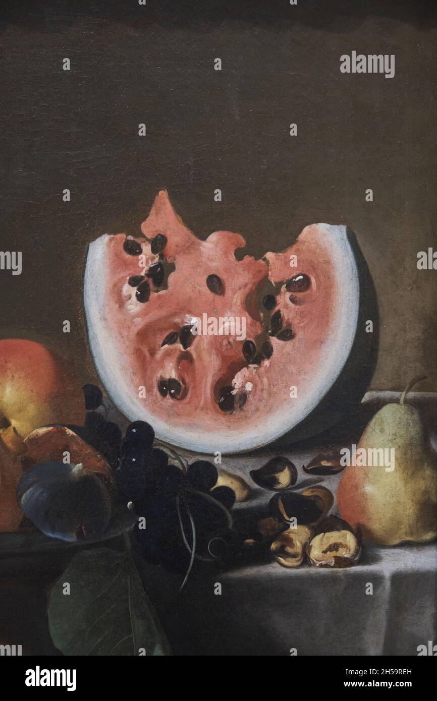 Détail pastèque et poire dans une peinture à l'huile intitulée Stillife aux fruits et une carafe de l'artiste français Pensionante Del Saraceni.Au National G. Banque D'Images
