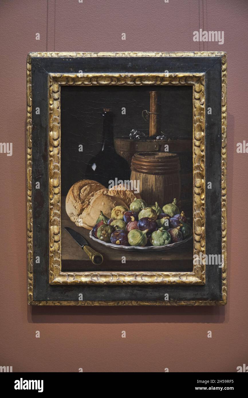 Une peinture à l'huile intitulée Stillife avec du pain et des figues par l'artiste espagnol Luis Melendez.À la National Gallery of Art de Washington DC. Banque D'Images