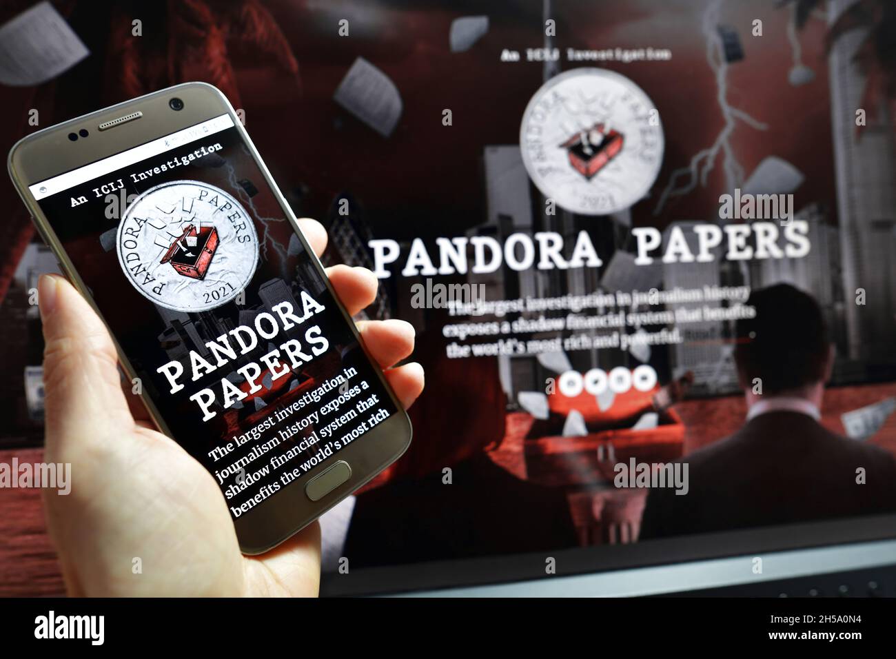 Site web de ICIJ mit den Pandora Papers Enthüllungen Banque D'Images