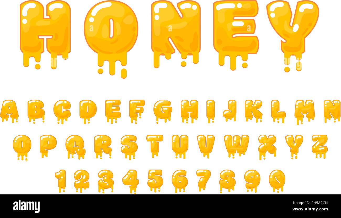 Lettres de miel.Police liquide délicieuse, numéros de fusion.Doux délicieux alphabet, sirop de gelée ou fondu caramel typographie éléments vecteur décents Illustration de Vecteur